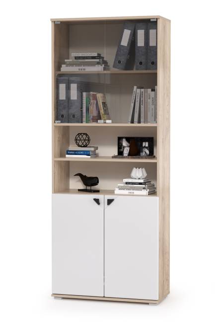 Столы с полками и большим стеллажом Бостон цвет дуб эндгрейн элегантный/фасады МДФ милк рикамо софт
