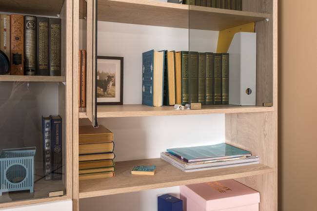 Столы с полками и большим стеллажом Бостон цвет дуб эндгрейн элегантный/фасады МДФ милк рикамо софт