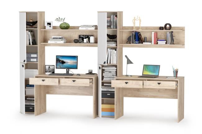 Два рабочих места Бостон с полками и пеналами цвет дуб эндгрейн элегантный/фасады МДФ милк рикамо софт