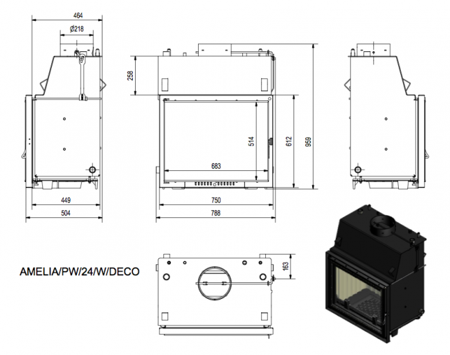 Топка с водяным контуром AMELIA/PW/24/W/DECO, змеевик
