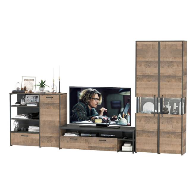 Стенка в гостиную лофт с подсветкой Трувор № 36 цвет дуб гранж песочный/интра Стенка в гостиную лофт с подсветкой Трувор № 36 цвет дуб гранж песочный/интра