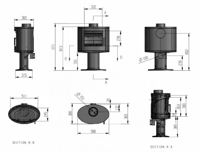 Печь-камин Puma 9кВт, чугун, с опорой, дымоход d-150мм