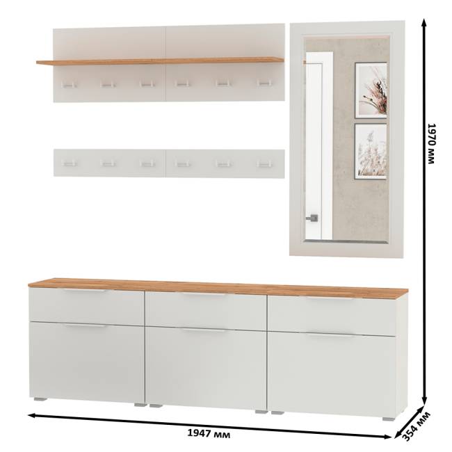 Три обувницы с зеркалом и вешалками для одежды Октава цвет белый шагрень/дуб крафт золотой Три обувницы с зеркалом и вешалками для одежды Октава цвет белый шагрень/дуб крафт золотой