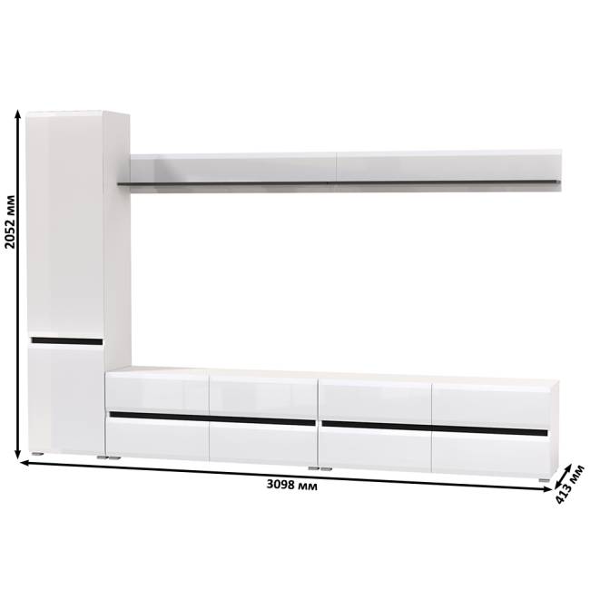 Две ТВ-тумбы с двумя навесными полочками и шкафом с полками Сидней цвет белый/чёрный/МДФ белый глянец Две ТВ-тумбы с двумя навесными полочками и шкафом с полками Сидней цвет белый/чёрный/МДФ белый глянец