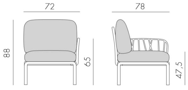 Модуль правый/левый пластиковый с подушками Komodo Elemento Terminale DS/SX тортора, холст 720х780х880 мм