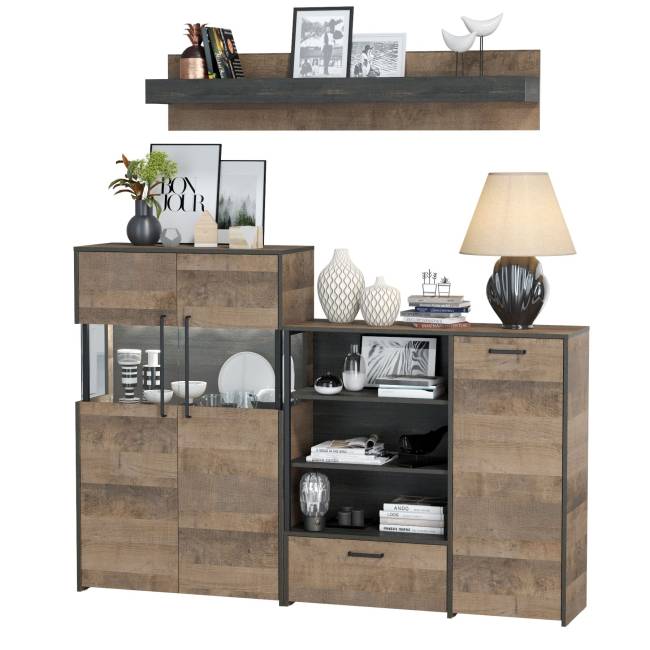 Комод с витриной с подсветкой и комод с дверкой и ящиком Трувор цвет дуб гранж песочный/интра