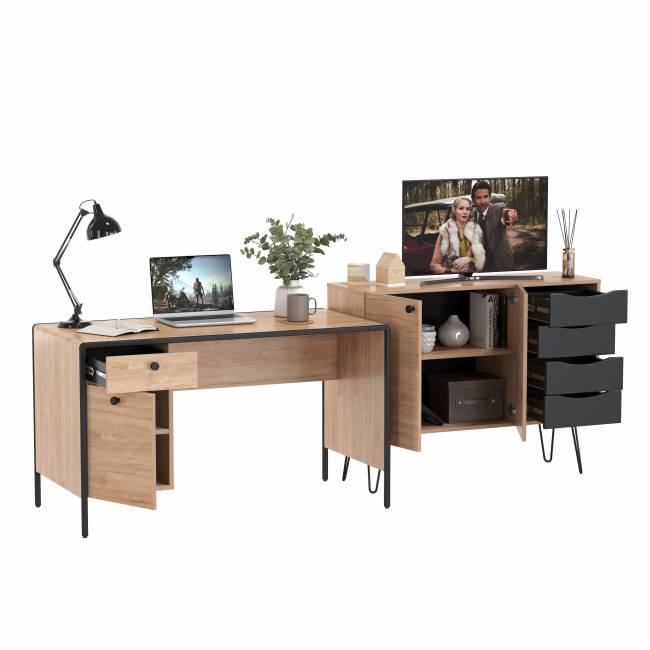 Брюс письменный стол с комодом цвет чёрный/Battle rock Santiago/столешница МДФ ель карпатская