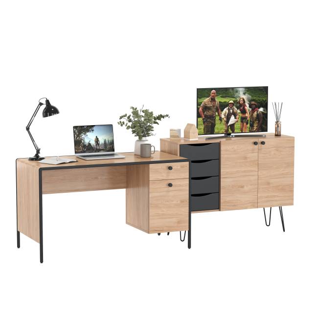 Брюс письменный стол с комодом цвет чёрный/Battle rock Santiago/столешница МДФ ель карпатская