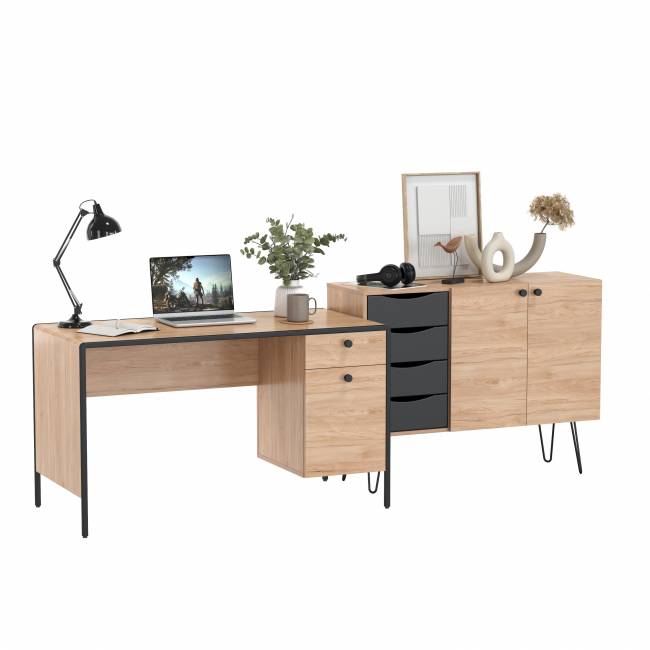 Брюс письменный стол с комодом цвет чёрный/Battle rock Santiago/столешница МДФ ель карпатская