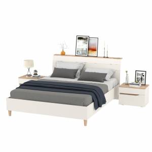 Две прикроватных тумбочки и кровать с основанием 1600 Муссон 11.41 цвет белый/дуб эндгрейн элегантный