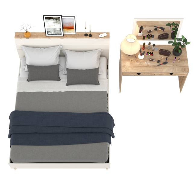 Двуспальная кровать на 1600 Муссон 11.41 с основанием и столиком с зеркалом цвет белый/дуб эндгрейн элегантный