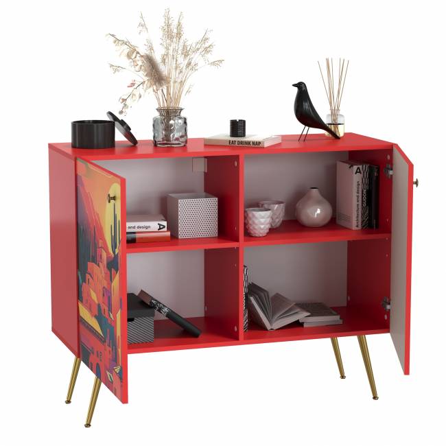 Комод-тумба Кармин 16.230.03 цвет красный/белый, фасады с рисунком Бразильские домики Комод-тумба Кармин 16.230.03 цвет красный/белый, фасады с рисунком Бразильские домики